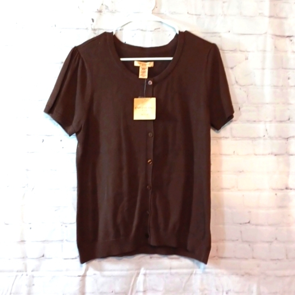 Womans Y2K  Covington Brown ShortSleeve Carnigan Sweater Short Sleeve PL